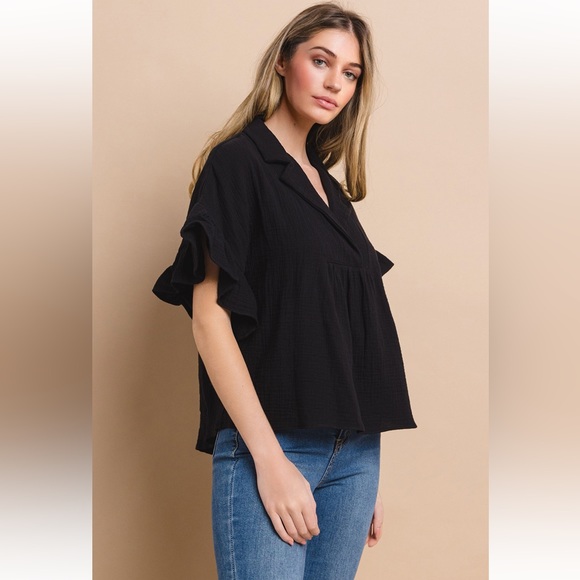29 Boho Double Gauze Wide Collar Ruffle Sleeve Top - Picture 6 of 7